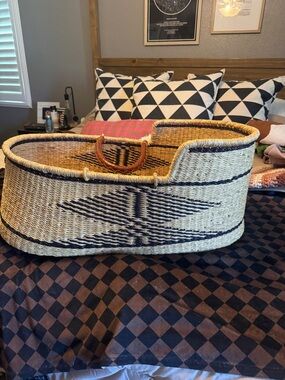 Handwoven Natural and Black Bassinet Basket with Leather Handles